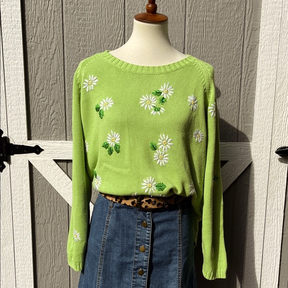Vintage Quacker Factory Embroidered Daisy Lime Green Long Sleeve Knit Sweater 1X - Picture 1 of 9